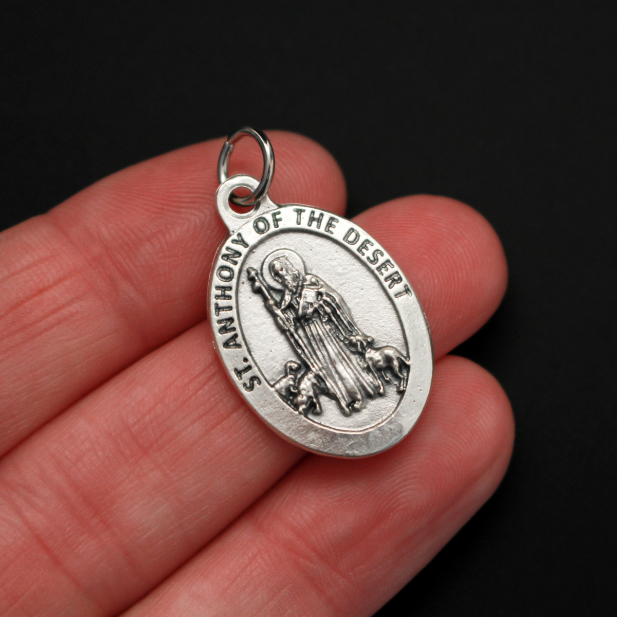 Saint Antony the Great medal. The front depicts the saint and the reverse is marked "Pray For Us".