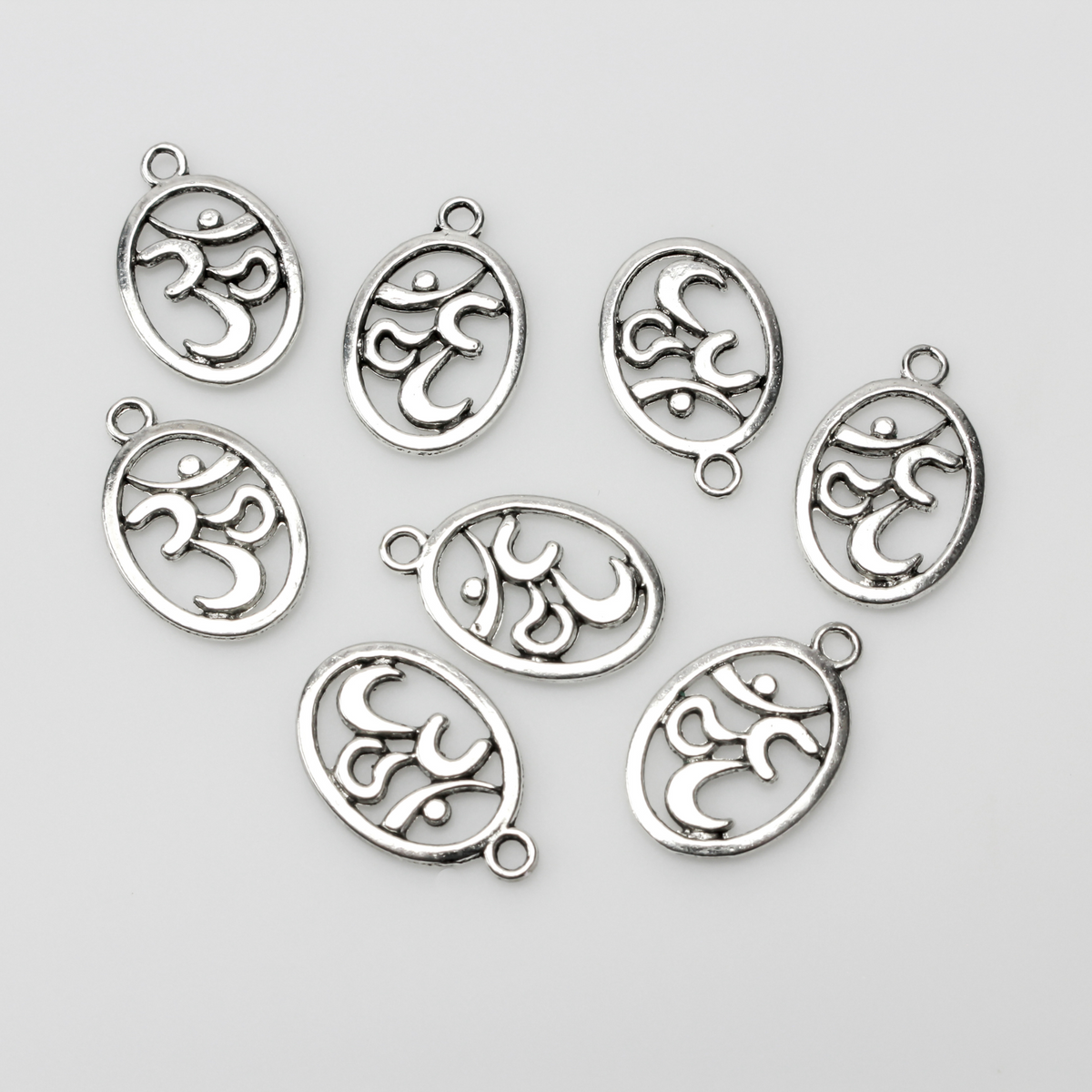Silver Tone Aum Symbol Oval Charm - Yoga Healing OM Sacred Mantra, 10pcs