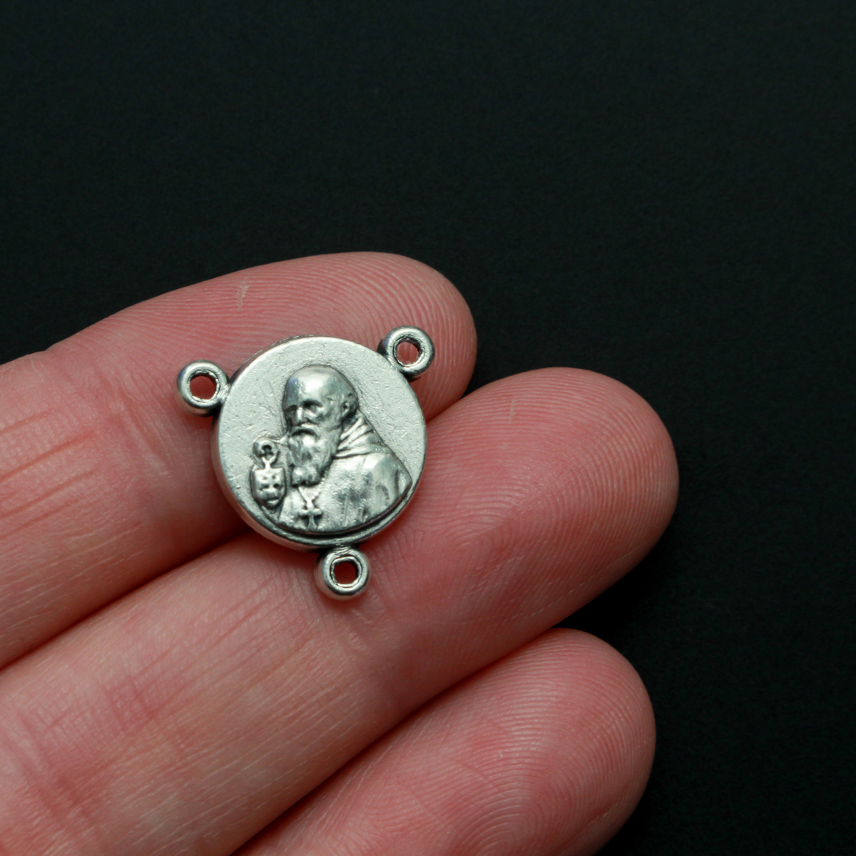 Saint Benedict Crucifix rosary centerpiece, 1/2 inch in diameter silver tone color