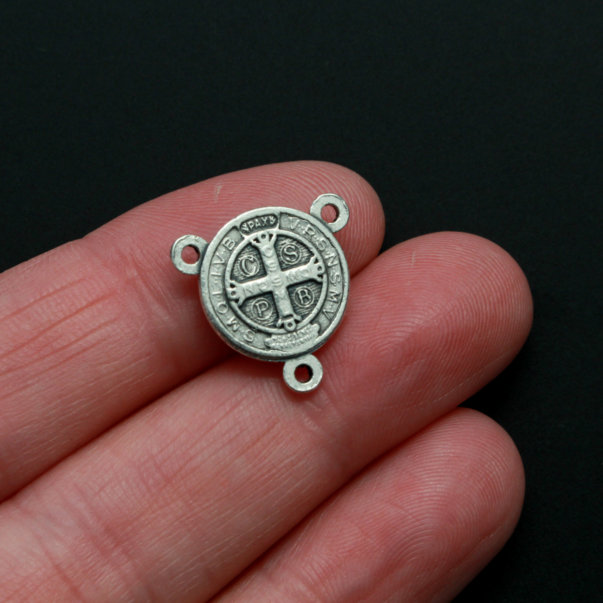 Saint Benedict Crucifix rosary centerpiece, 1/2 inch in diameter silver tone color