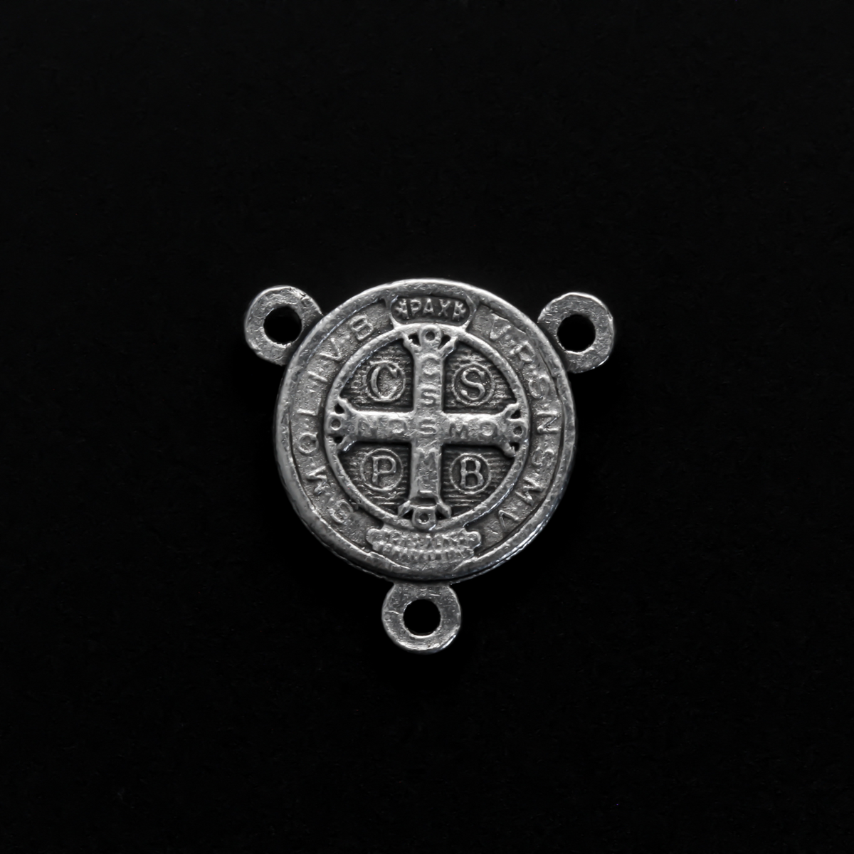 Saint Benedict Crucifix rosary centerpiece, 1/2 inch in diameter silver tone color
