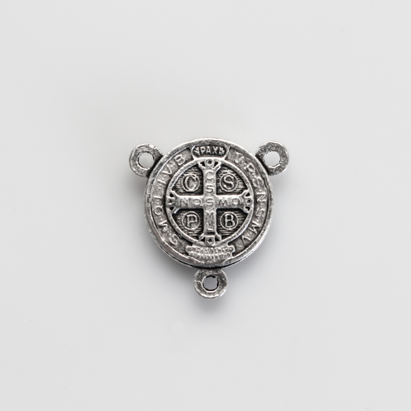 Saint Benedict Crucifix rosary centerpiece, 1/2 inch in diameter silver tone color