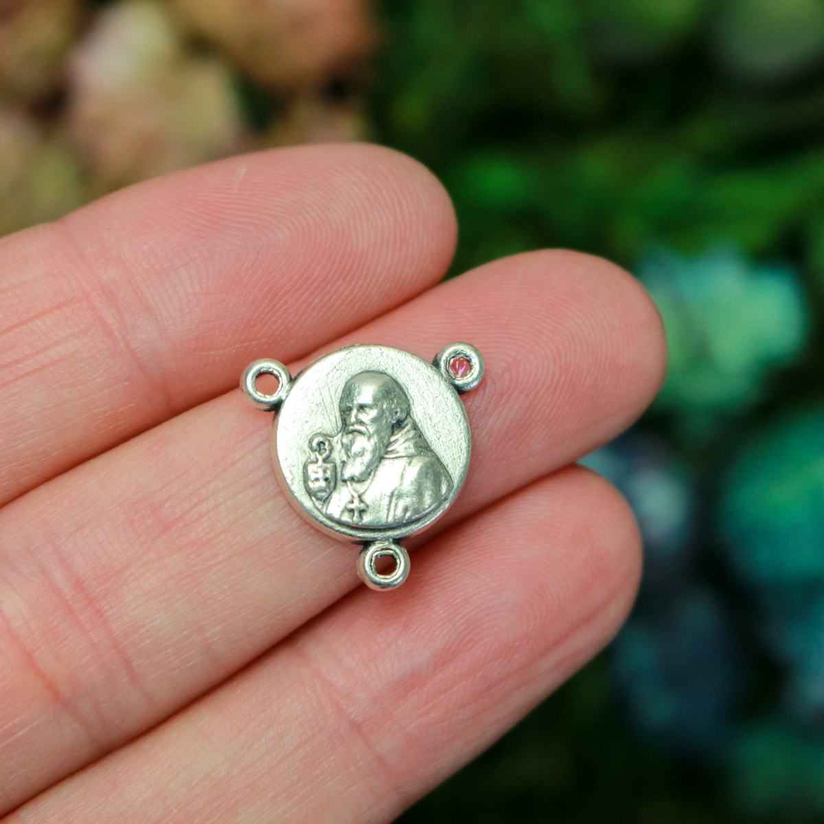 Saint Benedict Crucifix rosary centerpiece, 1/2 inch in diameter silver tone color