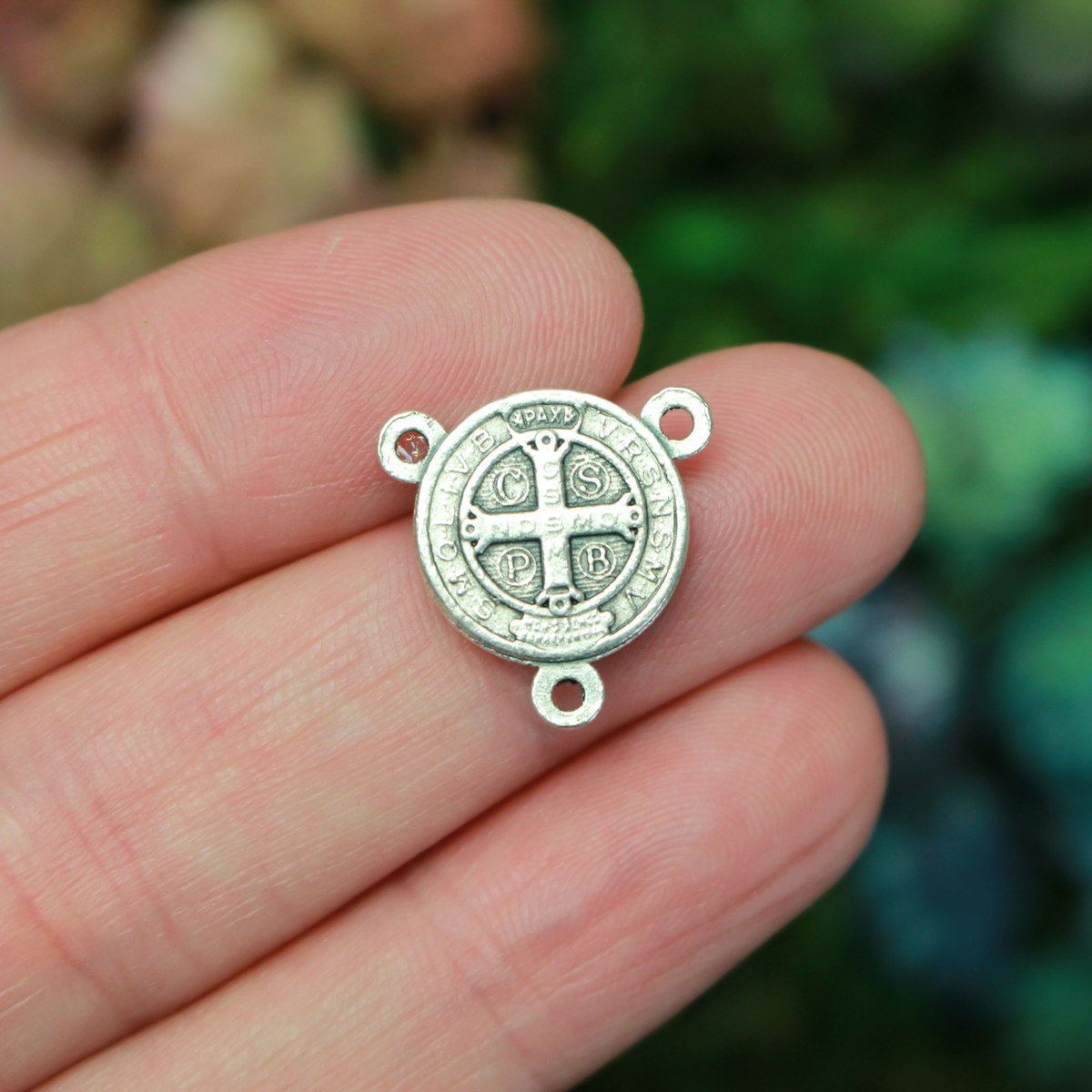 Saint Benedict Crucifix rosary centerpiece, 1/2 inch in diameter silver tone color