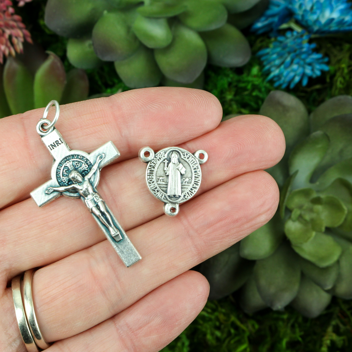 saint benedict crucifix and rosary centerpiece set