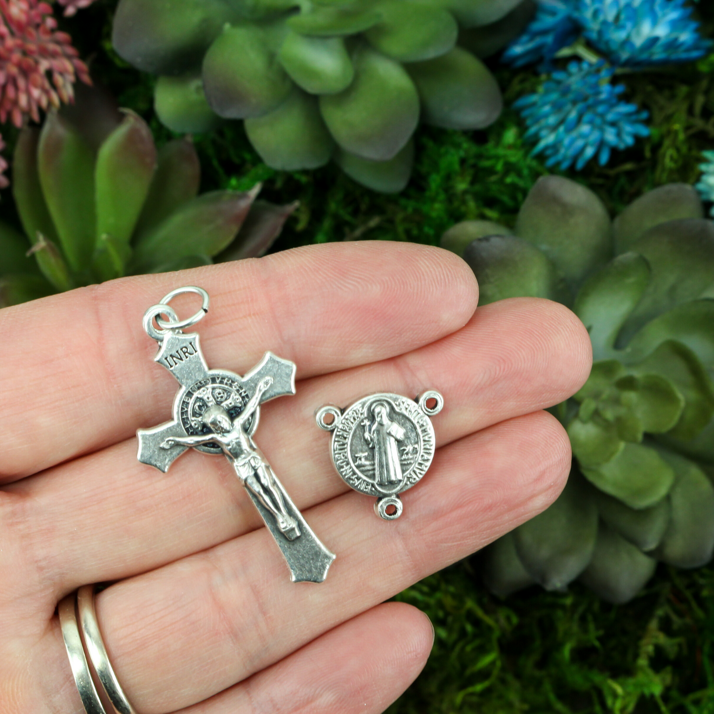 saint benedict crucifix and rosary centerpiece set