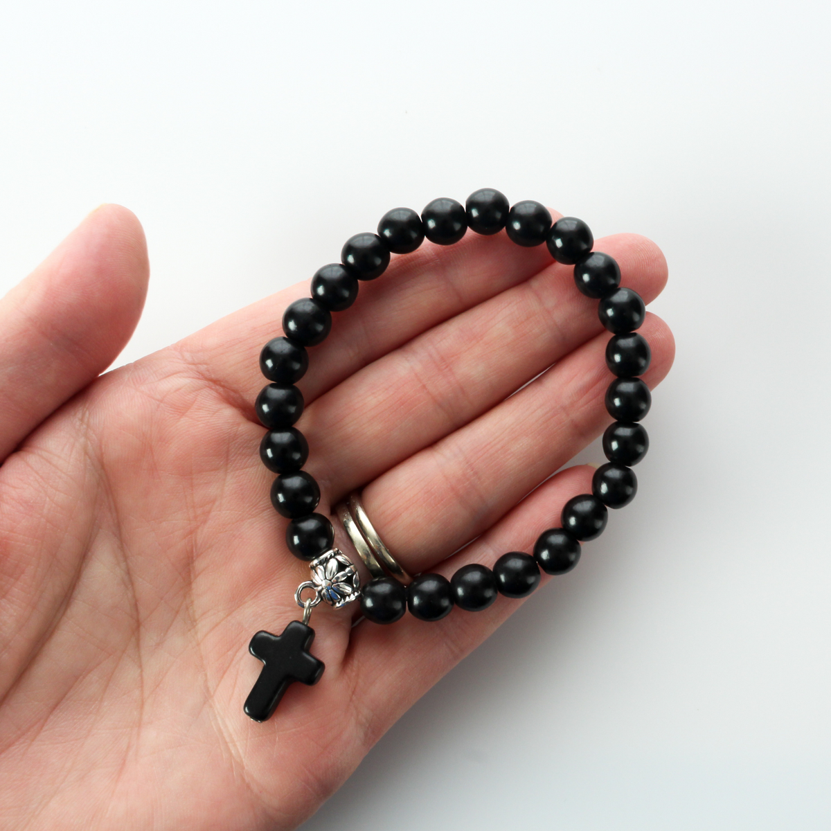 Black Beaded Stretch Bracelet with Cross Charm and Attached Bail Link to add on Pendants
