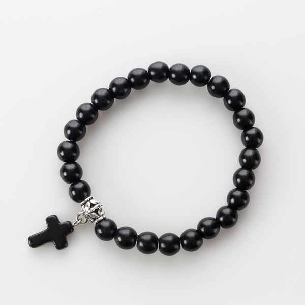 Black Beaded Stretch Bracelet with Cross Charm and Attached Bail Link to add on Pendants