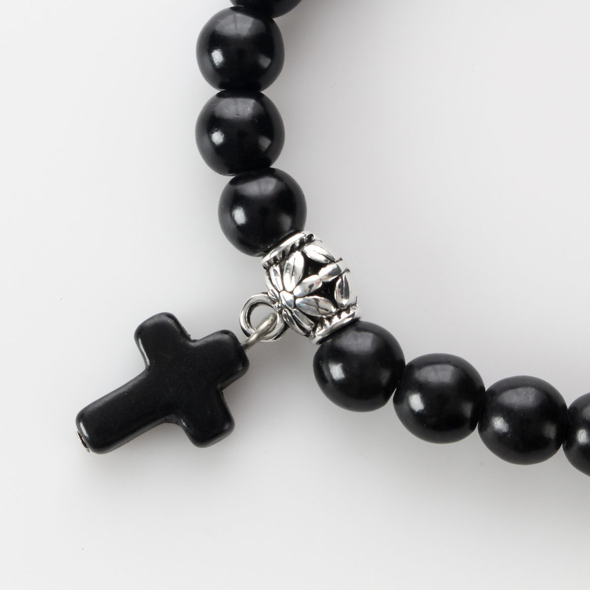 Black Beaded Stretch Bracelet with Cross Charm and Attached Bail Link to add on Pendants