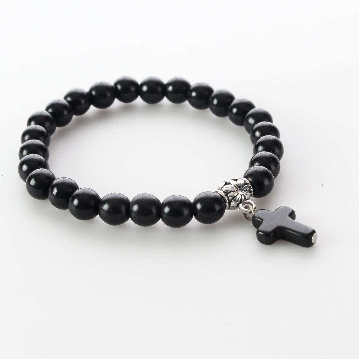 Black Beaded Stretch Bracelet with Cross Charm and Attached Bail Link to add on Pendants