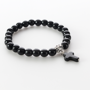 Black Beaded Stretch Bracelet with Cross Charm and Attached Bail Link to add on Pendants