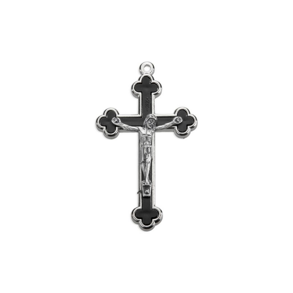 Budded black inlay cloverleaf crucifix with silver corpus and trim, 2.5 inches long