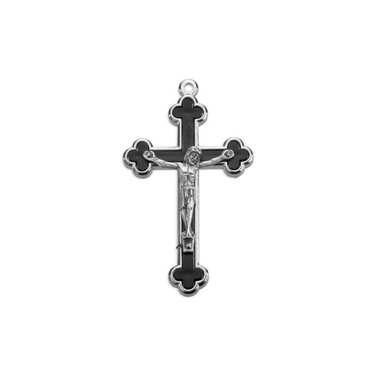 Budded black inlay cloverleaf crucifix with silver corpus and trim, 2.5 inches long