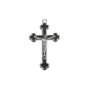 Budded black inlay cloverleaf crucifix with silver corpus and trim, 2.5 inches long