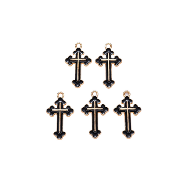 Black Enamel Cross Charms - Light Gold Tone Setting, 25x14mm 5pcs