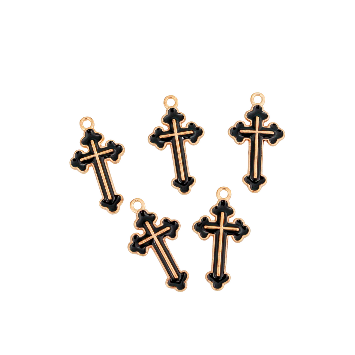Black Enamel Cross Charms - Light Gold Tone Setting, 25x14mm 5pcs