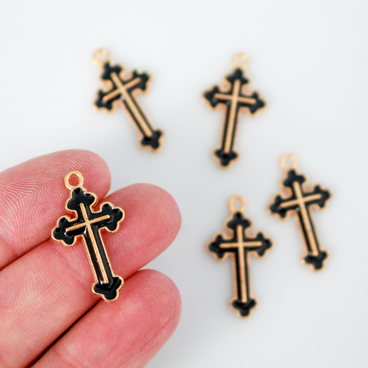 Black Enamel Cross Charms - Light Gold Tone Setting, 25x14mm 5pcs