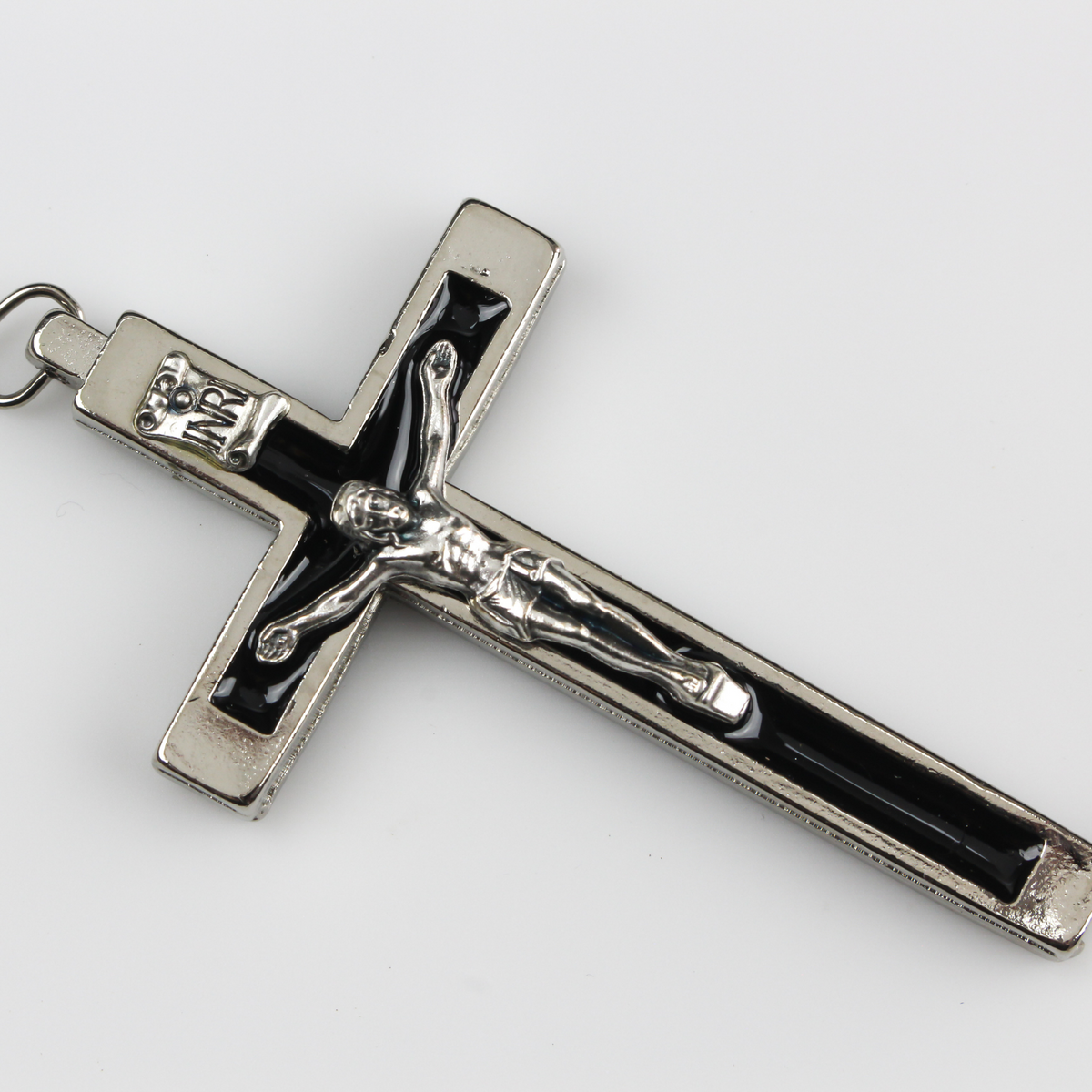 Pectoral Crucifix Cross with Black Enamel Inlay - Nun's Habit Metal Bound Crucifix 2.75" Long