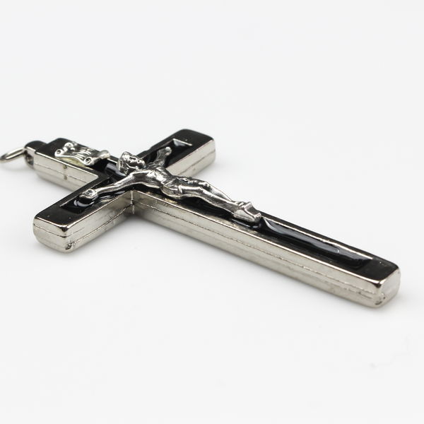 Pectoral Crucifix Cross with Black Enamel Inlay - Nun's Habit Metal Bound Crucifix 2.75" Long
