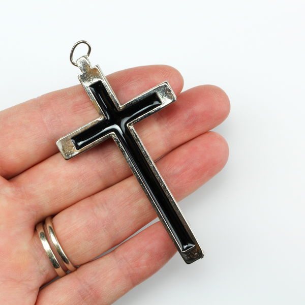 Pectoral Crucifix Cross with Black Enamel Inlay - Nun's Habit Metal Bound Crucifix 2.75" Long