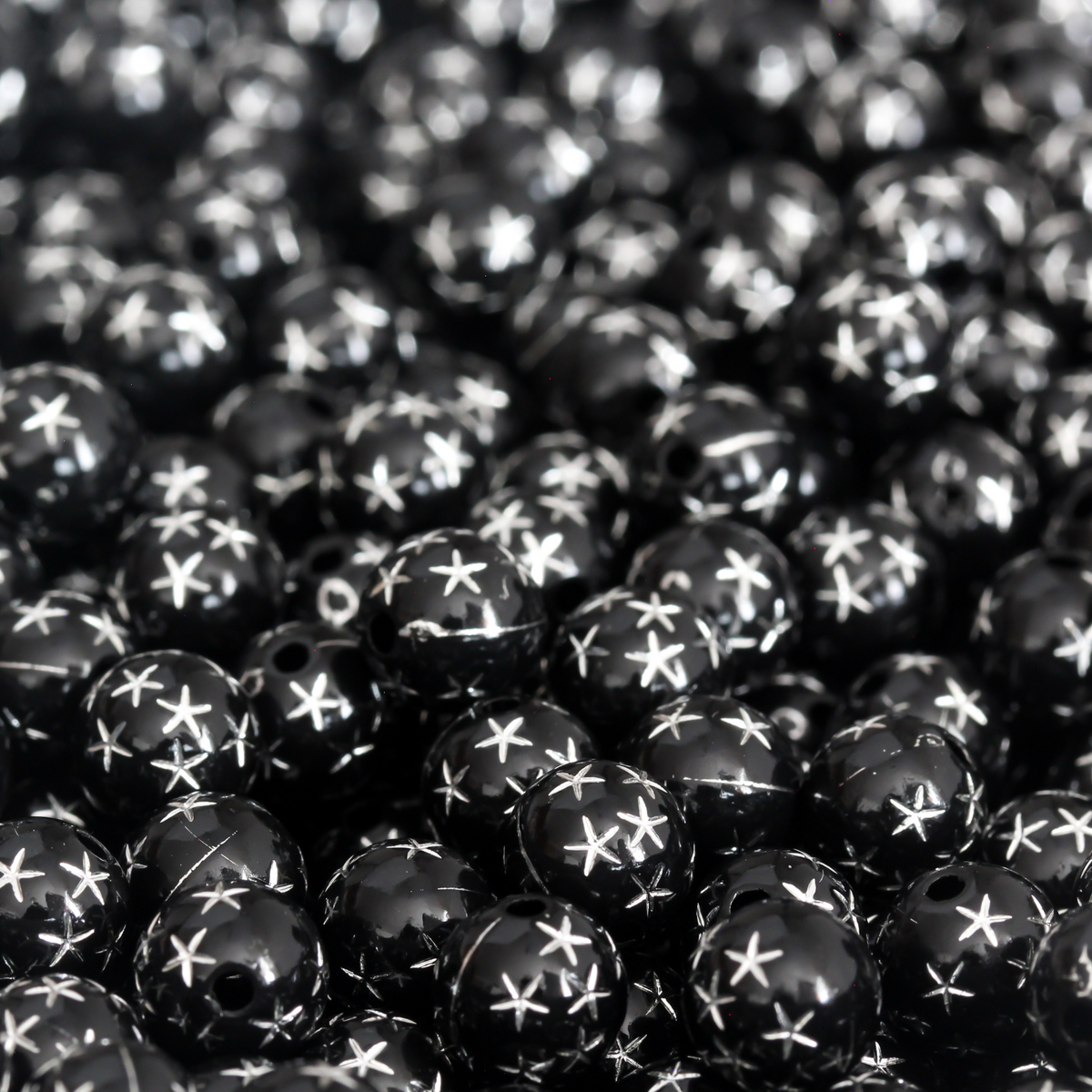 8mm Black Beads with Silver Stars - Celestial Queen of Heaven Prayer Beads for Five Decade Rosary - 60 Beads