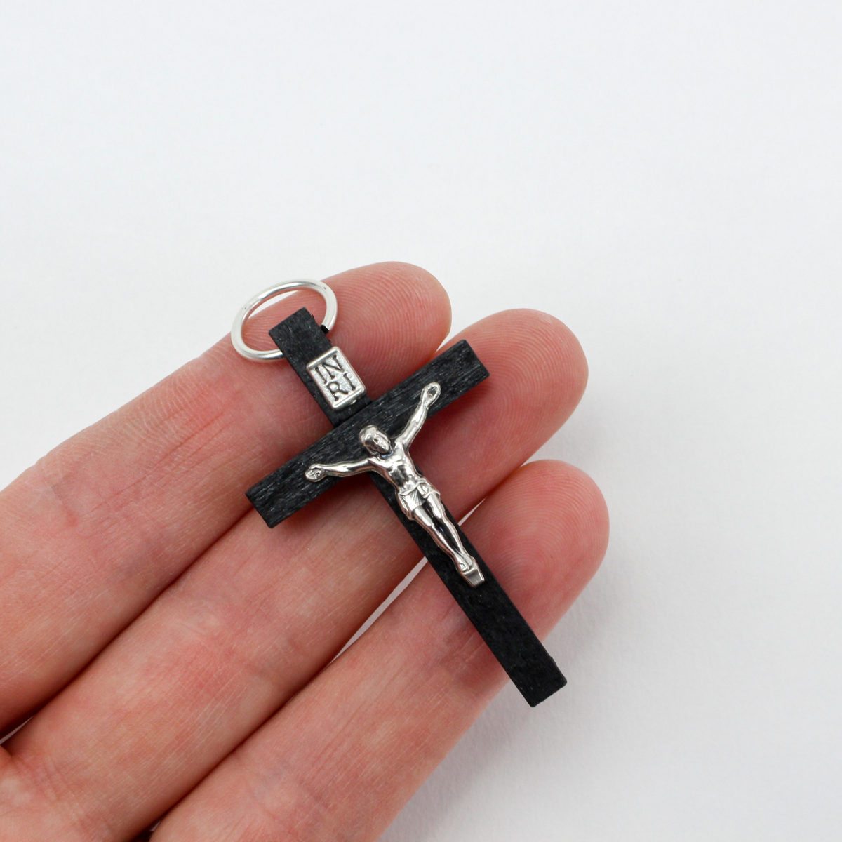 Black Wood Crucifix Cross Pendant with Metal Corpus 1-3/4" long, Made in Italy
