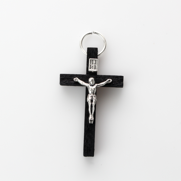Black Wood Crucifix Cross Pendant with Metal Corpus 1-3/4" long, Made in Italy