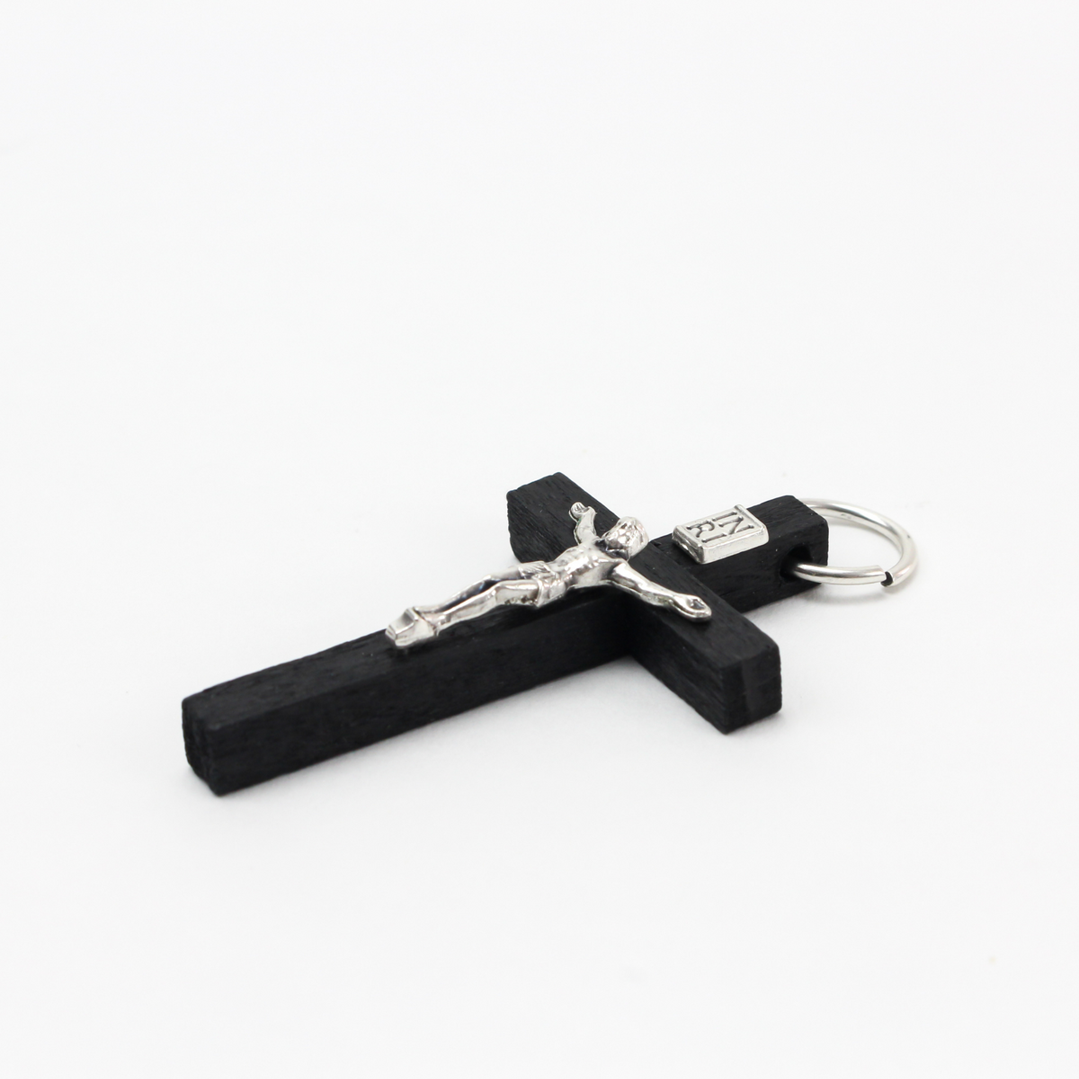 Black Wood Crucifix Cross Pendant with Metal Corpus 1-3/4" long, Made in Italy