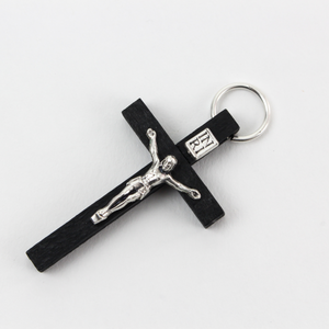 Black wooden cross with a silver-tone metal body of Jesus Christ 1-3/4" long