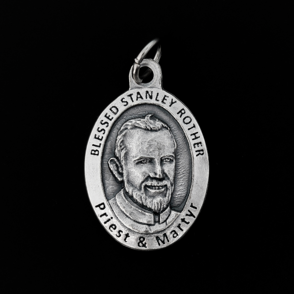 Blessed Stanley Rother medal that depicts the priest on the front and is marked "Pray for us" on the back.