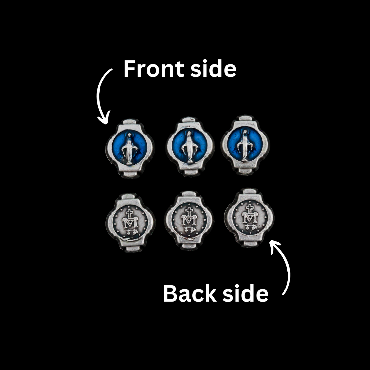 Miraculous Medal oval beads that are silver oxidized base metal made in Italy. The front side of the bead has blue enamel detail, the backside does not