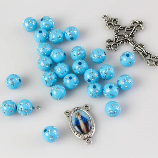 8mm Blue Beads with Silver Stars - Prayer Beads for Five Decade Rosary - 60 Beads