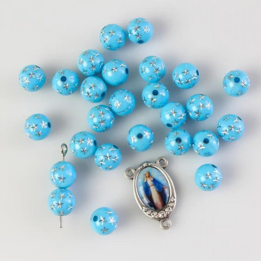 8mm Blue Beads with Silver Stars - Prayer Beads for Five Decade Rosary - 60 Beads