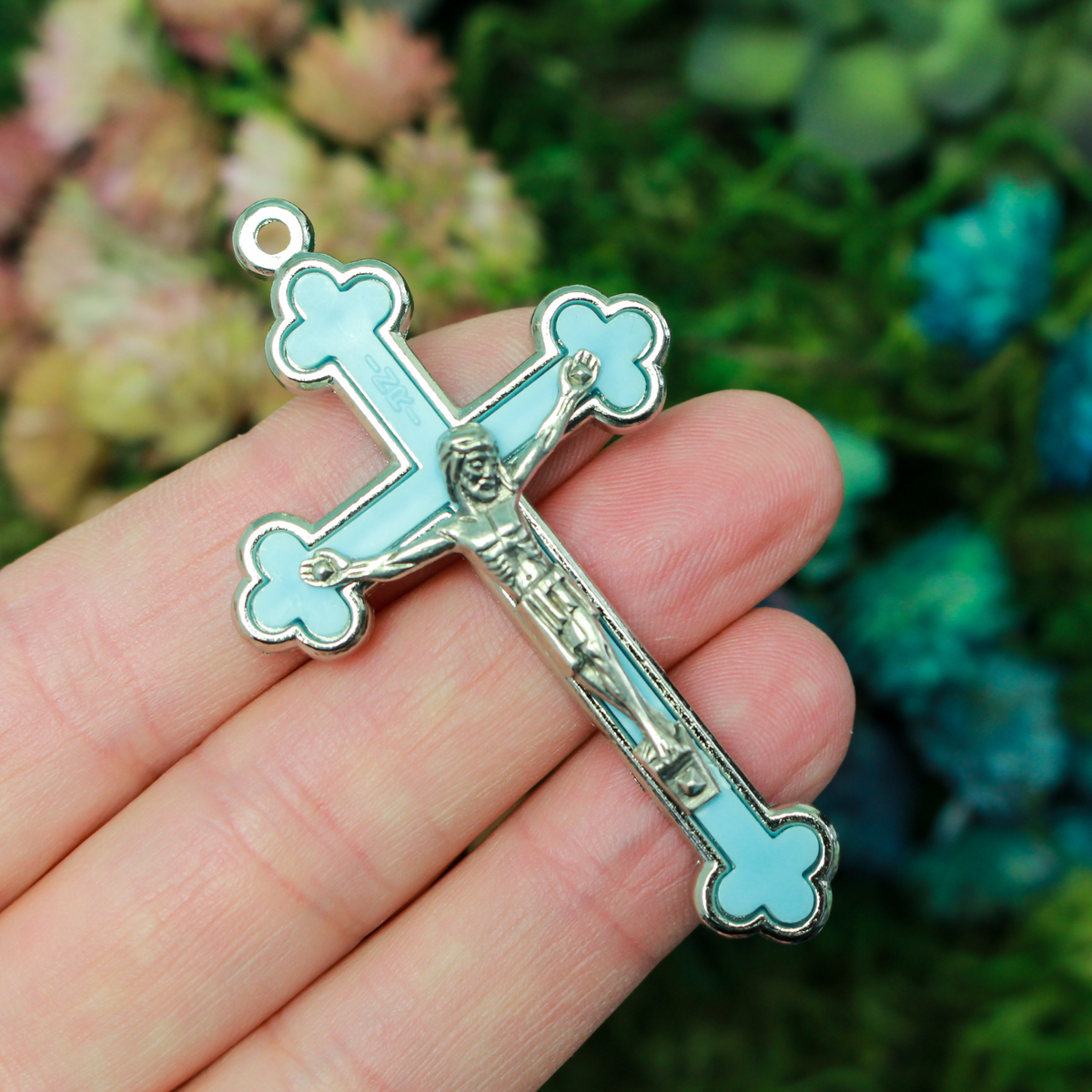 Blue Crucifix Cross with Cloverleaf Budded Ends - Metal Bound - 2.5" Long - Made in Italy