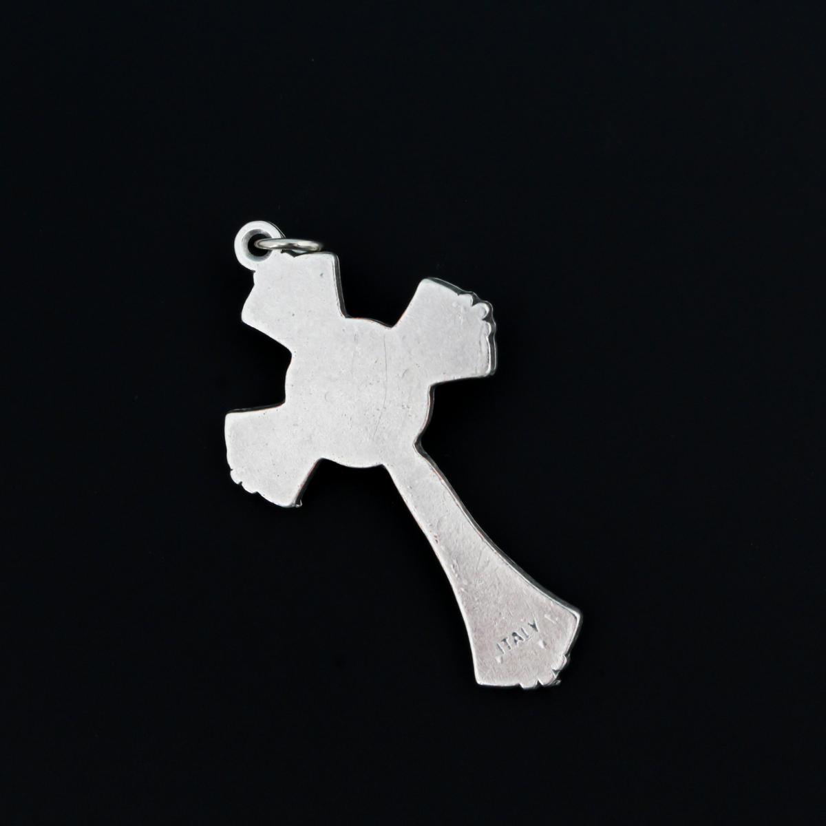Blue enamel crucifix cross with flared edges. This beautifully detailed cross is handmade in Italy and is 1-7/8" long