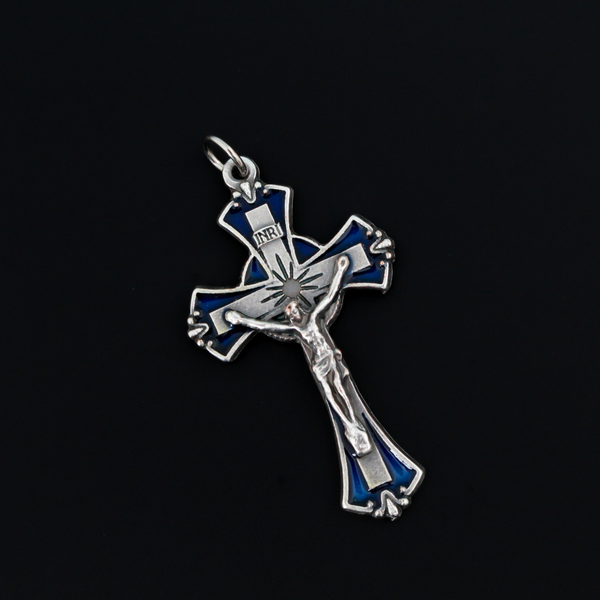 Blue enamel crucifix cross with flared edges. This beautifully detailed cross is handmade in Italy and is 1-7/8" long