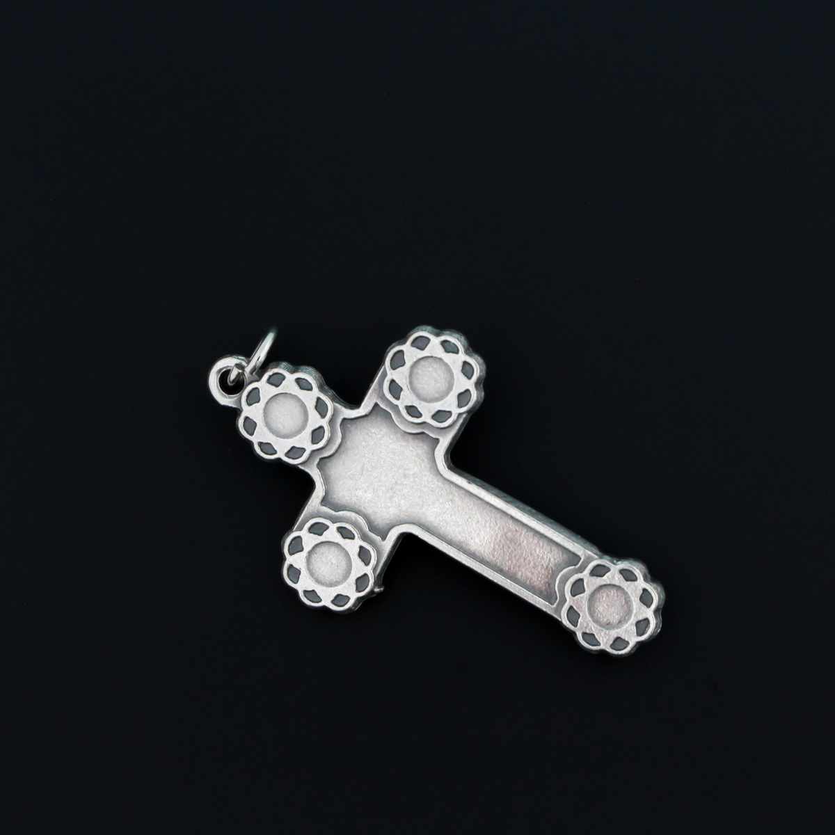 Crucifix cross with blue enamel flowers at the ends. This beautifully detailed cross is handmade in Italy and is 1-11/16" long