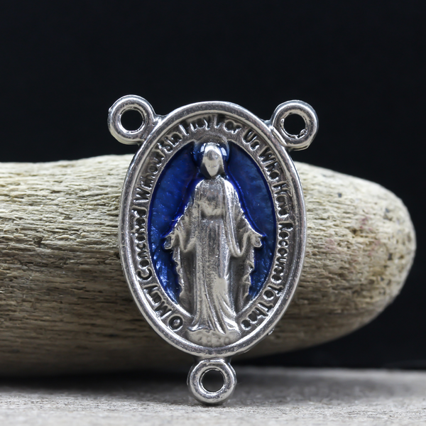 Blue Miraculous Medal Oval Rosary Centerpiece 1" long - Rosary Making Supplies
