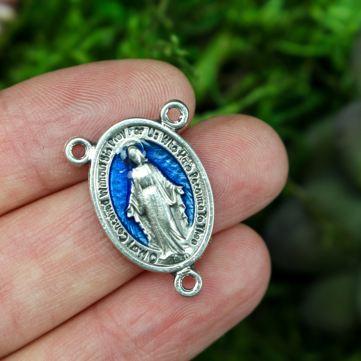 Miraculous Medal Rosary Centerpiece with Blue Enamel Detail in English