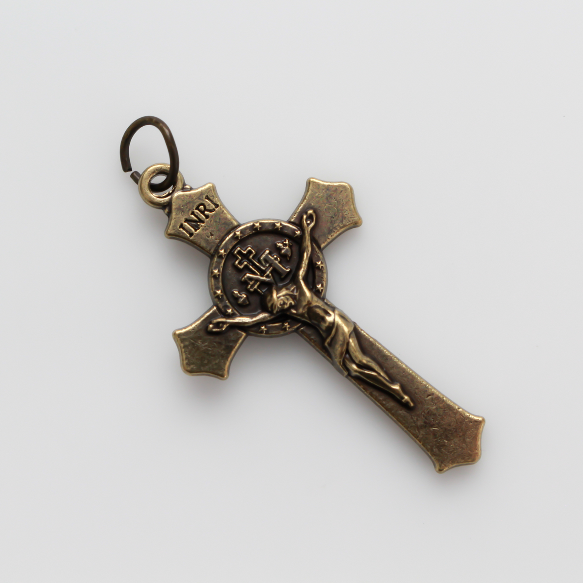 Bronze Miraculous Medal crucifix that features flared edges and a detailed Miraculous Medal, front and back