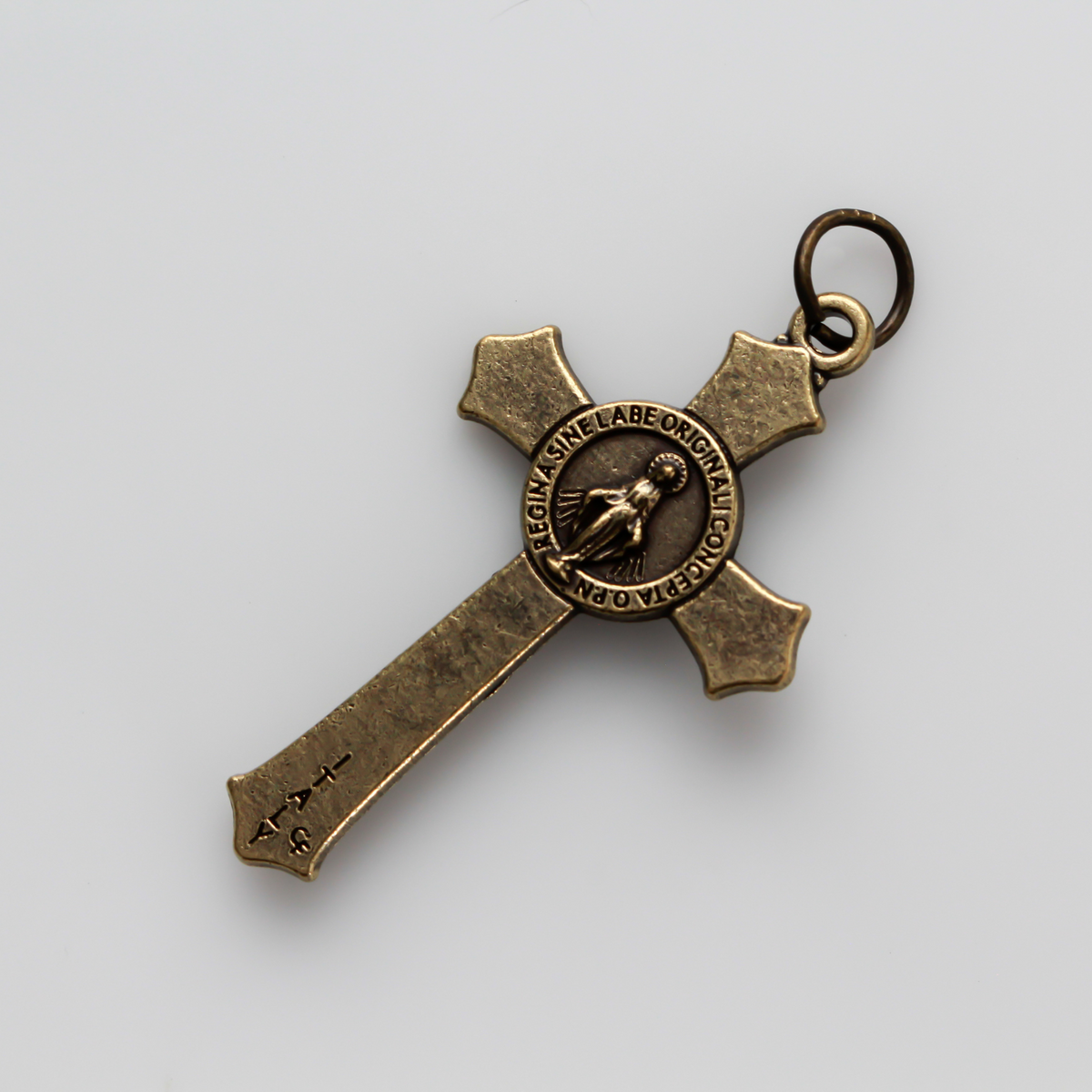 Bronze Miraculous Medal crucifix that features flared edges and a detailed Miraculous Medal, front and back