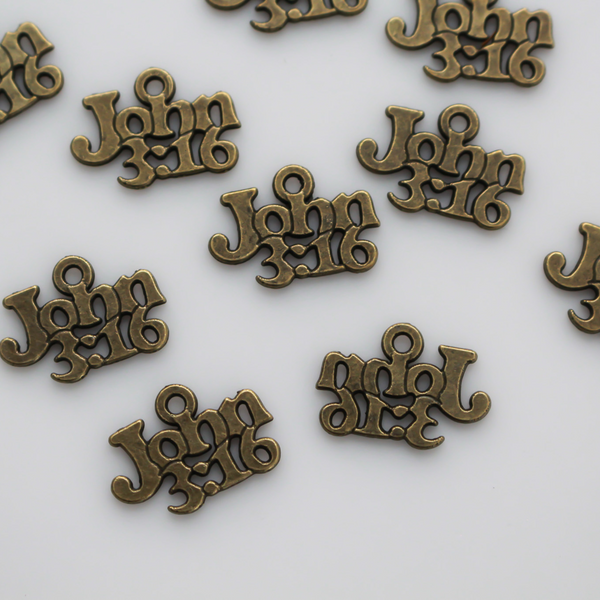 John 3:16 charms in antiqued bronze color, 19mm x 13mm