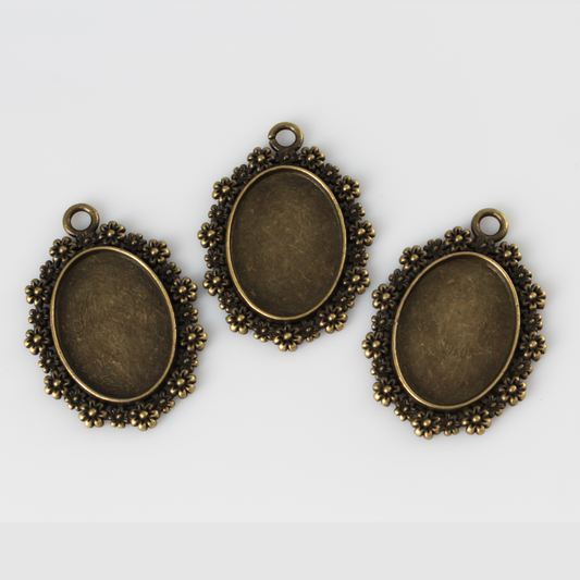 Bronze Flower Bezel Tray - Fits 25x18mm Oval Cabochon, Ornate Daisy Edge Cameo Frame, 5pcs
