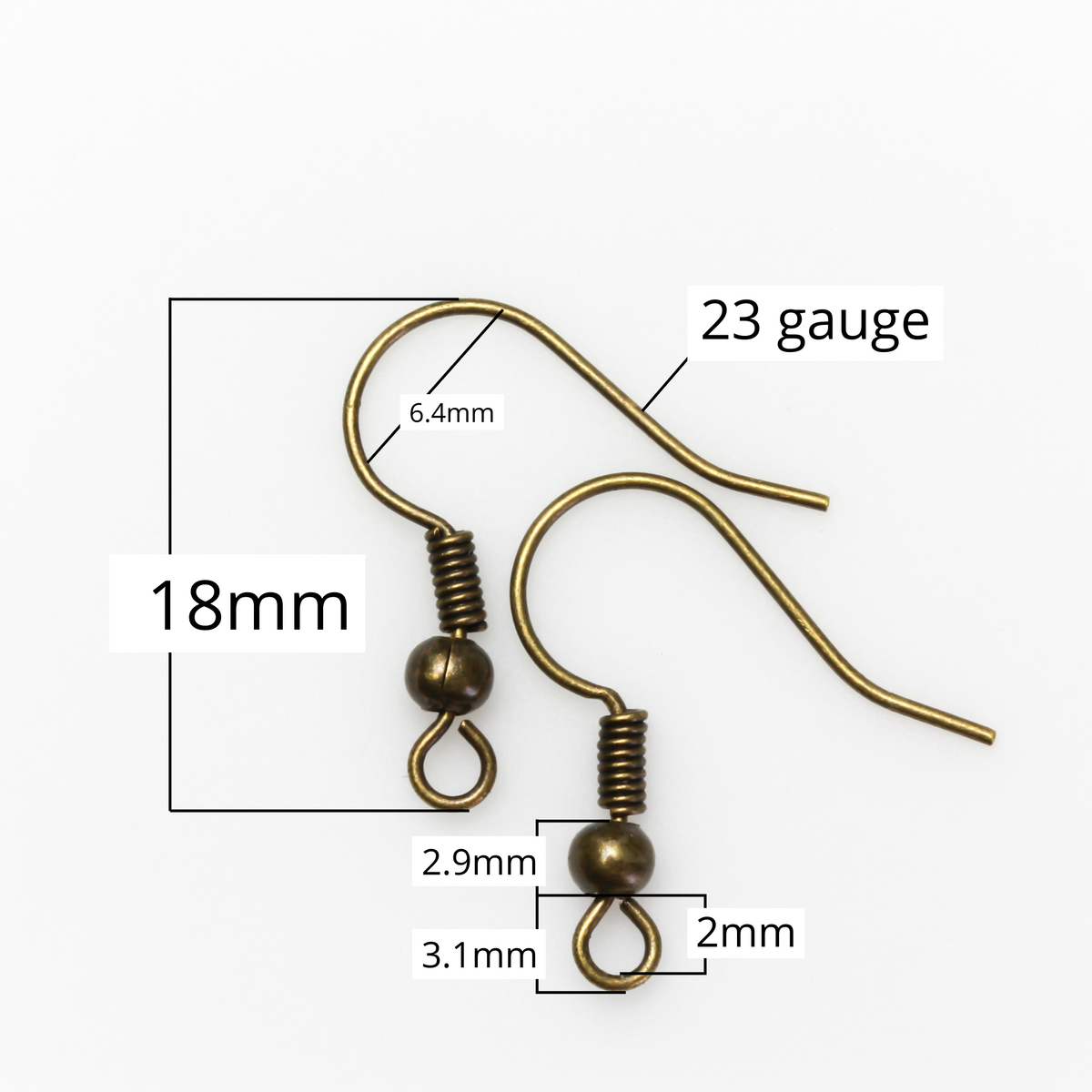 Brass earring hooks with a horizontal loop and an antiqued bronze finish. 23 gauge wire. Sold in packages of 30 hooks (15 pairs).