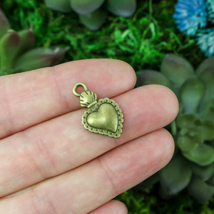 bronze sacred heart milagro flaming heart pendant