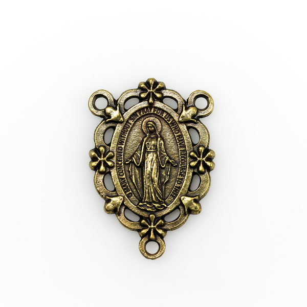 Bronze Virgin Mary Miraculous Medal Rosary Centerpiece with Filigree Flower Design