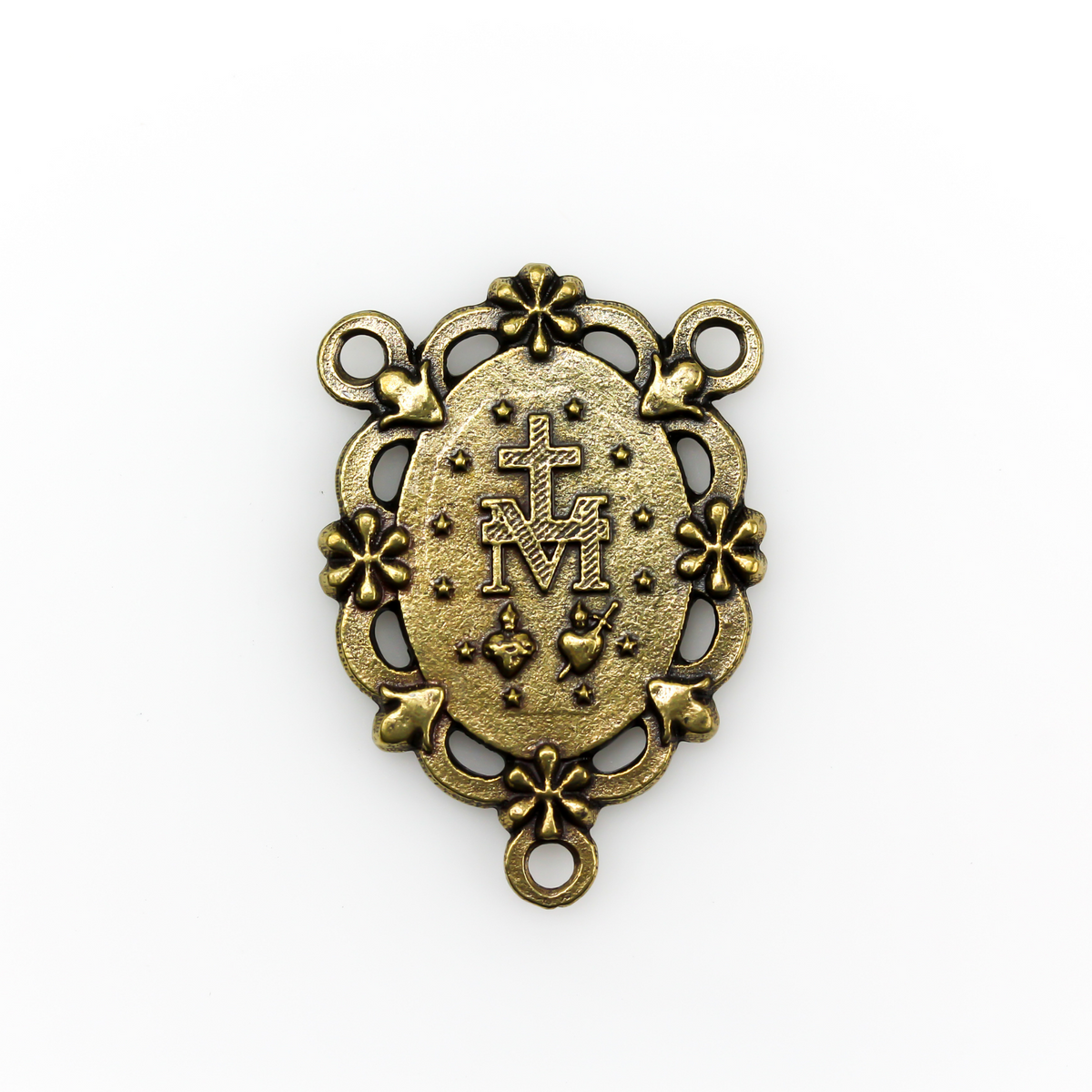 Traditional Miraculous Medal rosary centerpiece in an antiqued bronze color