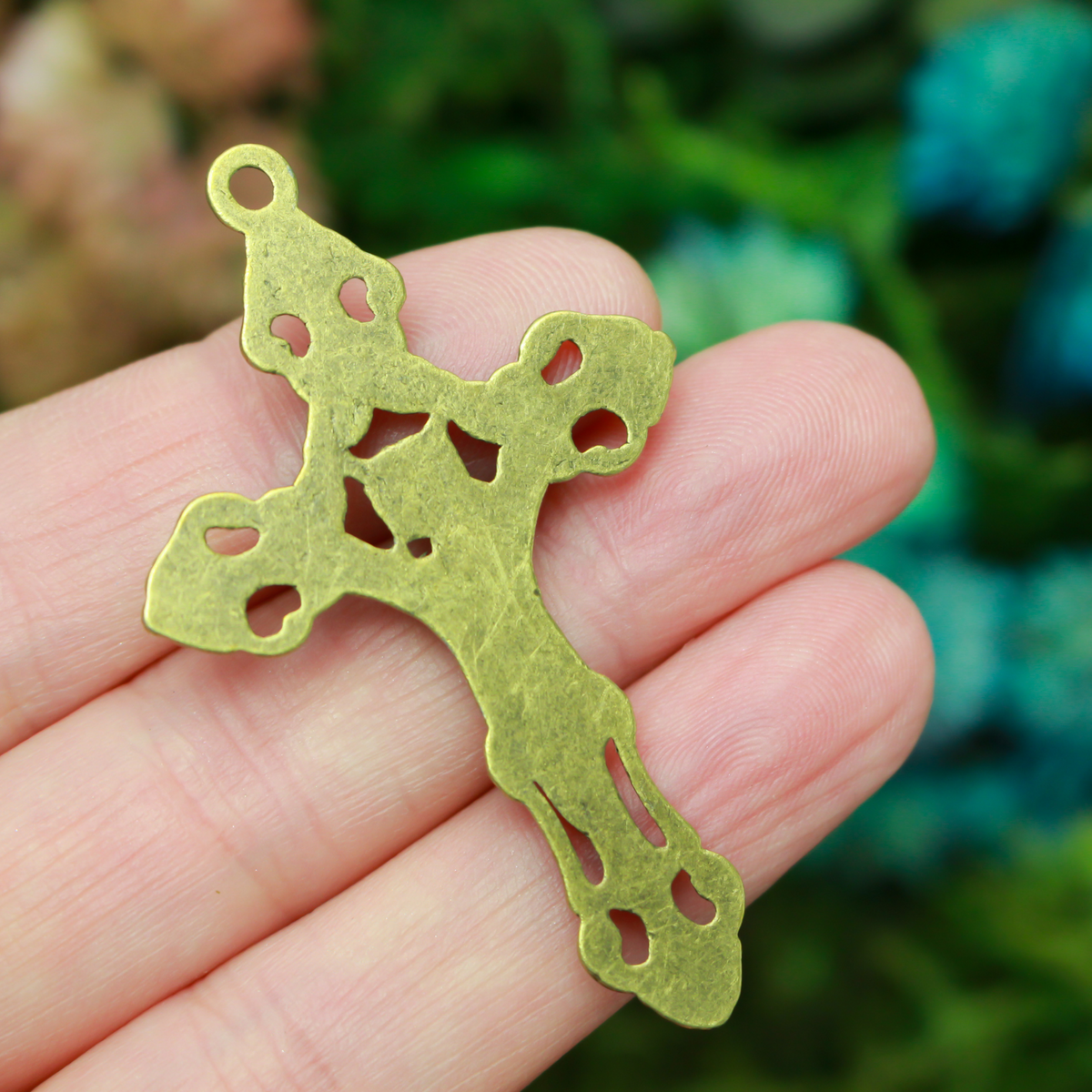 Three ornate fleur de lis crucifix cross in an antiqued bronze color and filigree cut out design, 2-1/8" long