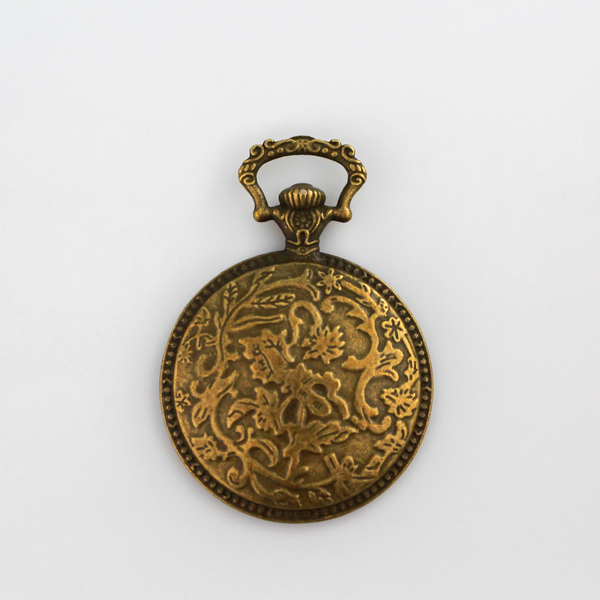 Large bronze cabochon setting shaped like an old ornate pocket watch with a 33mm tray.