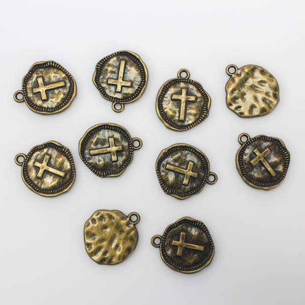 Rustic round cross charms in an antique bronze finish 22mm long
